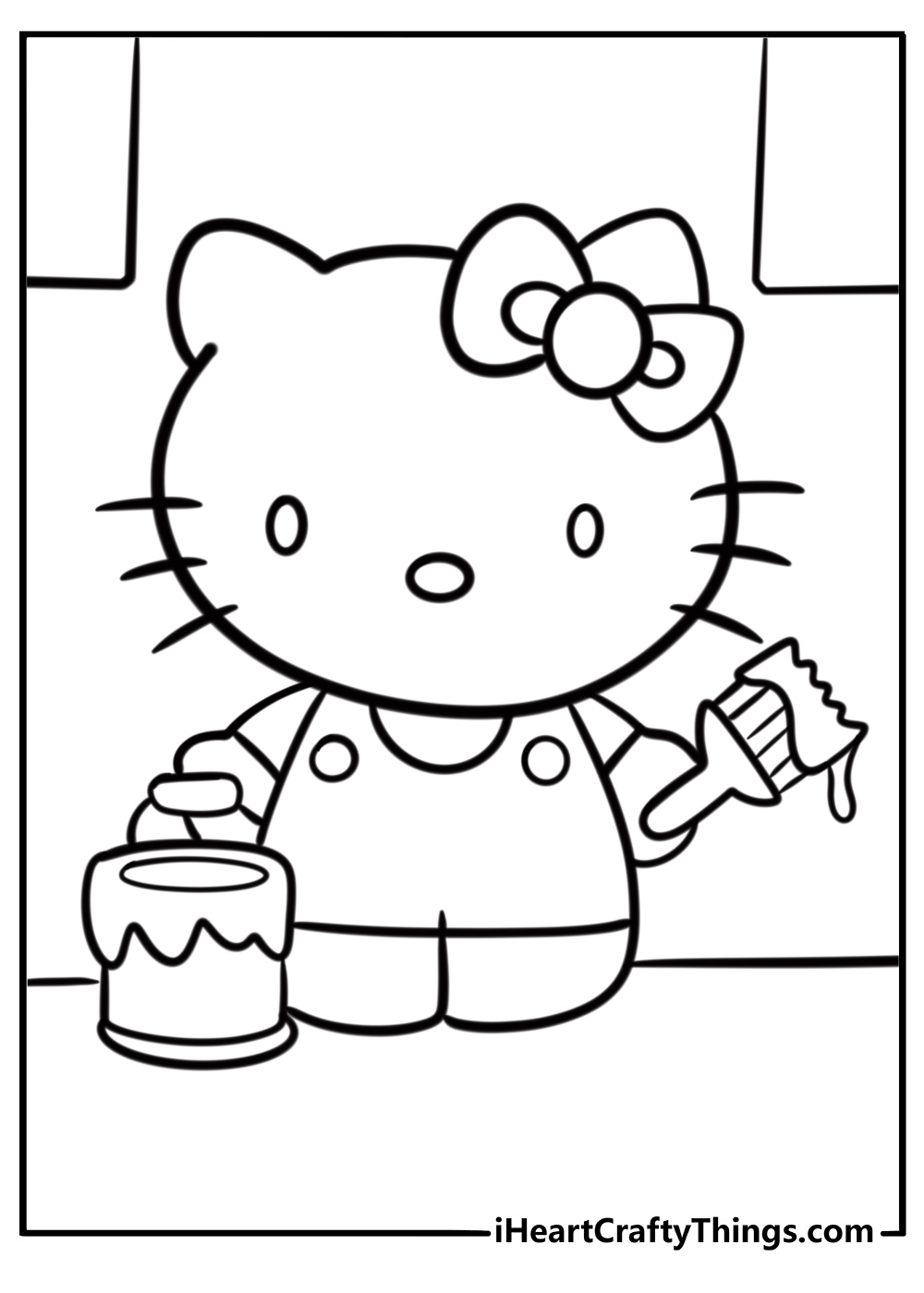 Hello Kitty with paintbrush and bucket printable coloring sheet