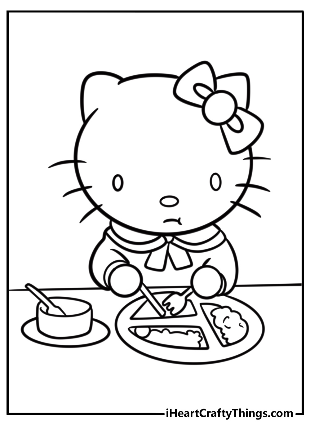 Hello kitty eating at table coloring page to color free pdf