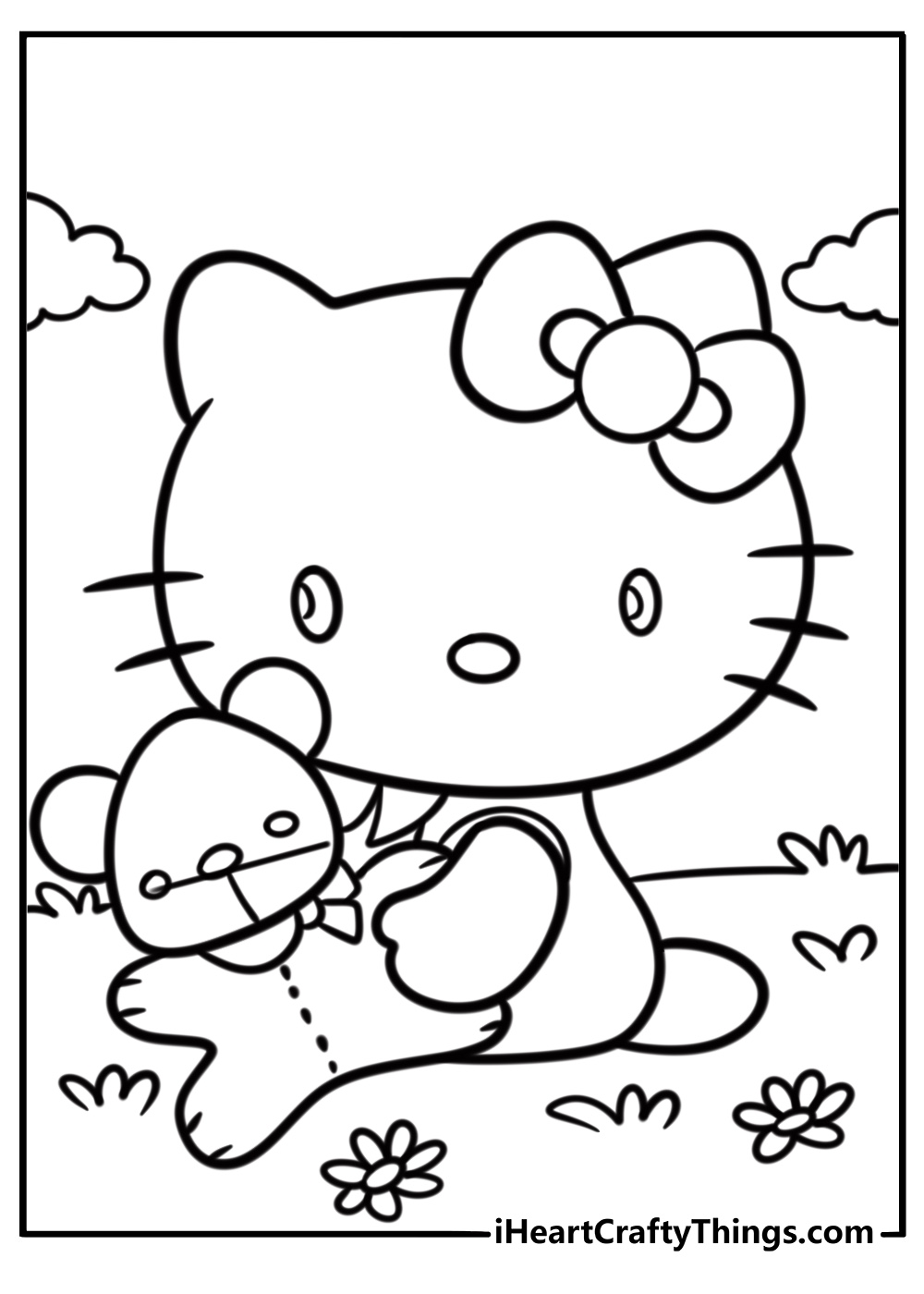 Hello kitty sitting with a teddy bear fun printable sheet