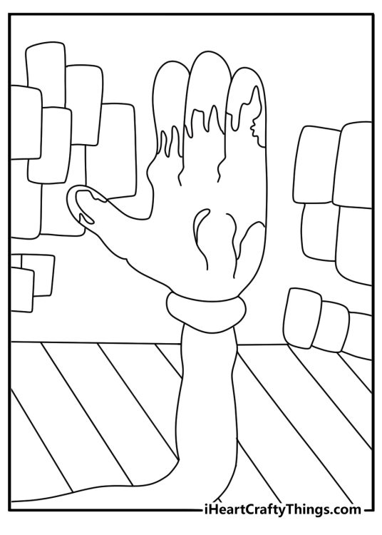 Ink hand reaching from wall in studio horror coloring sheet