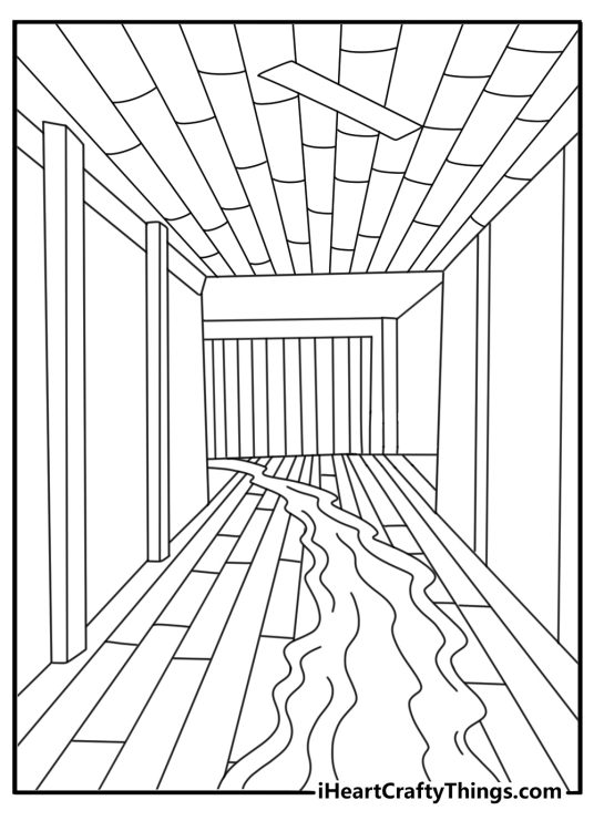 Ink river flowing through studio floor dark bendy coloring page