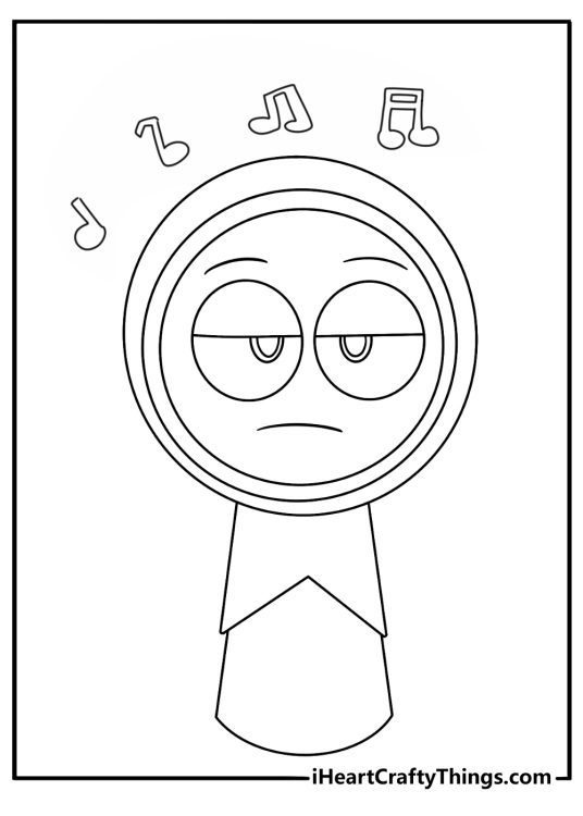 Jevin stands beside floating music notes in this easy coloring sheet