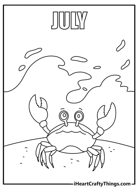 July coloring page for kids with a crab on the sand near ocean waves
