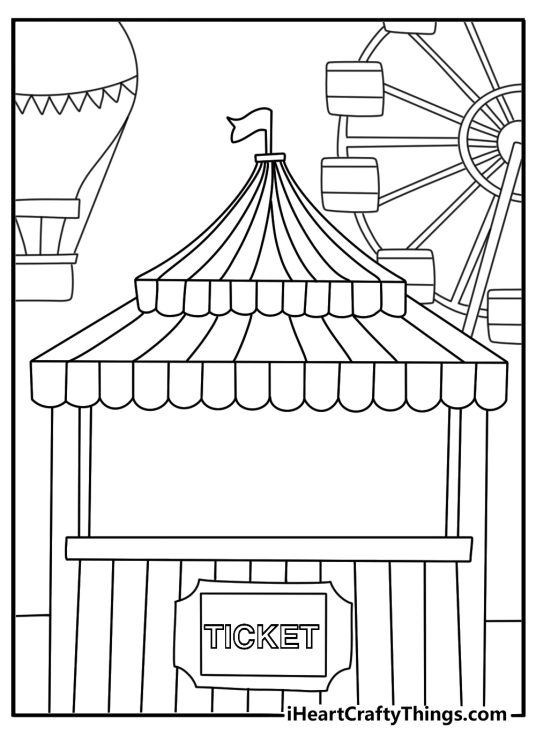 July coloring page with a county fair Ferris wheel and ticket booth