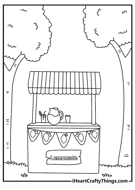 July coloring page with a lemonade stand under a shade tree