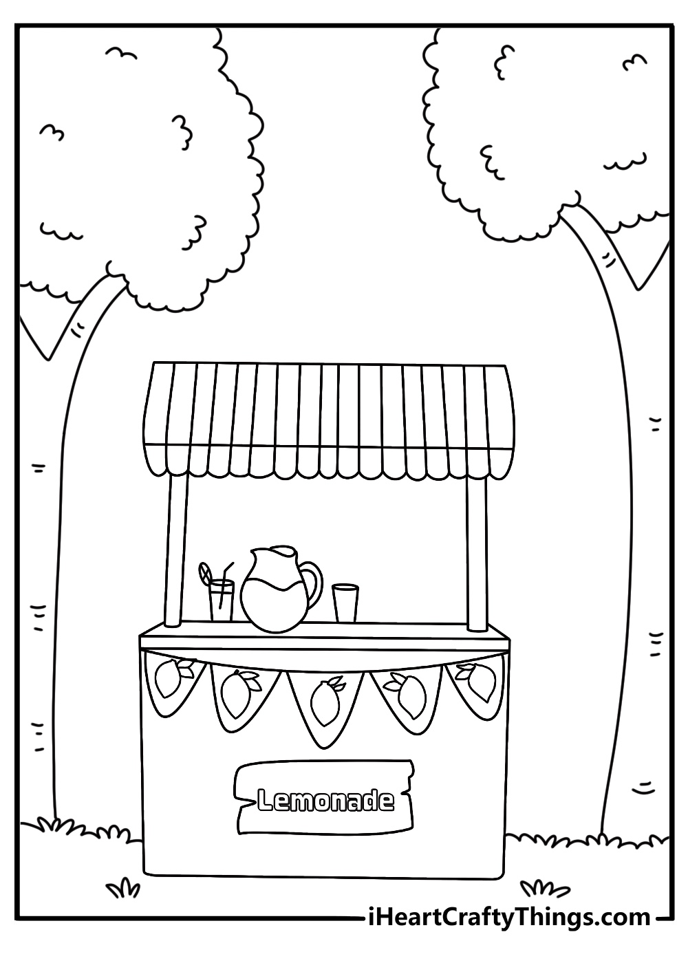 July coloring page with a lemonade stand under a shade tree