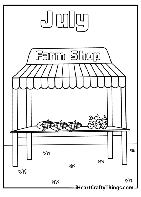 July coloring pages scene with a farmers market table full of corn and berries