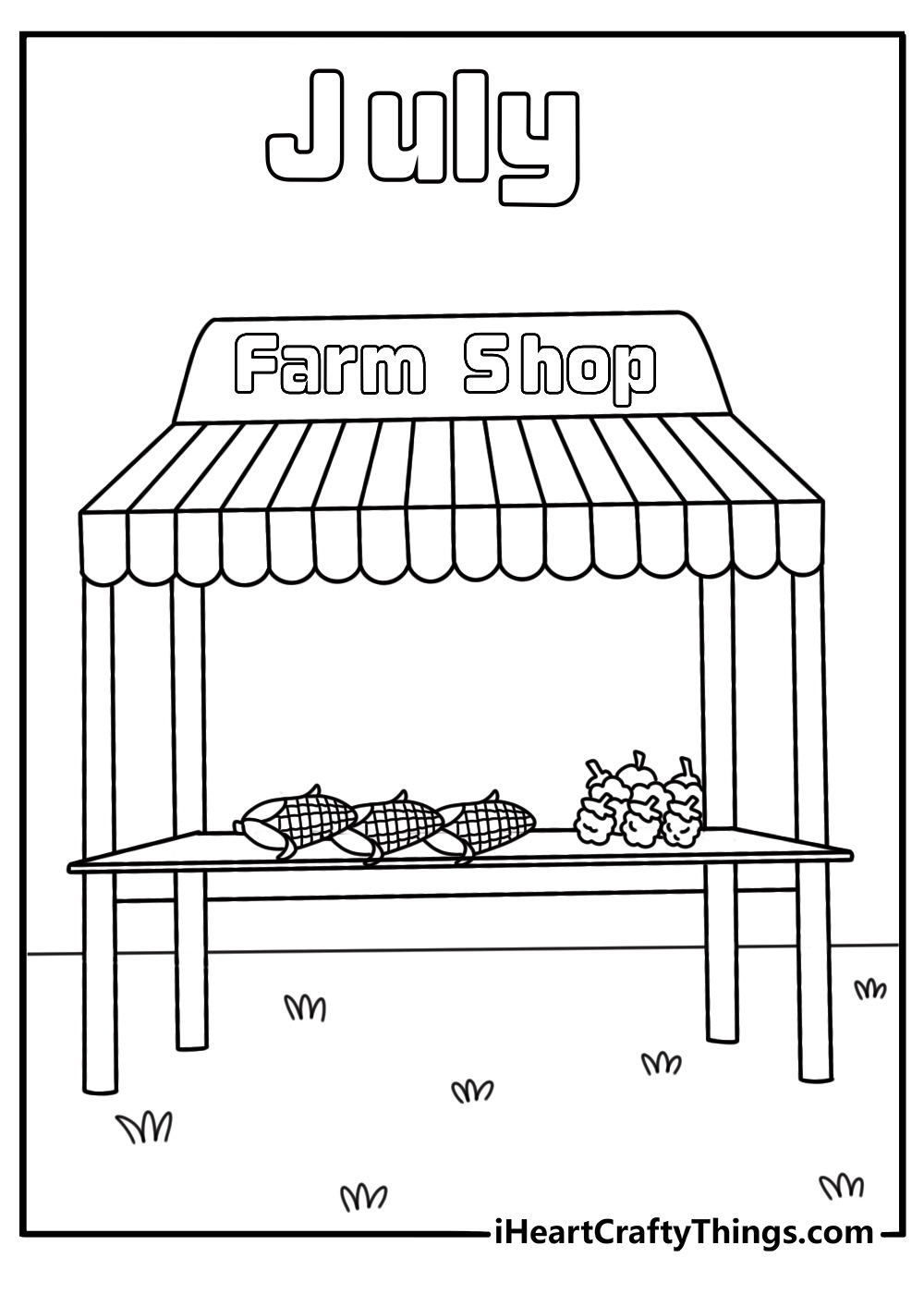 July coloring pages scene with a farmers market table full of corn and berries