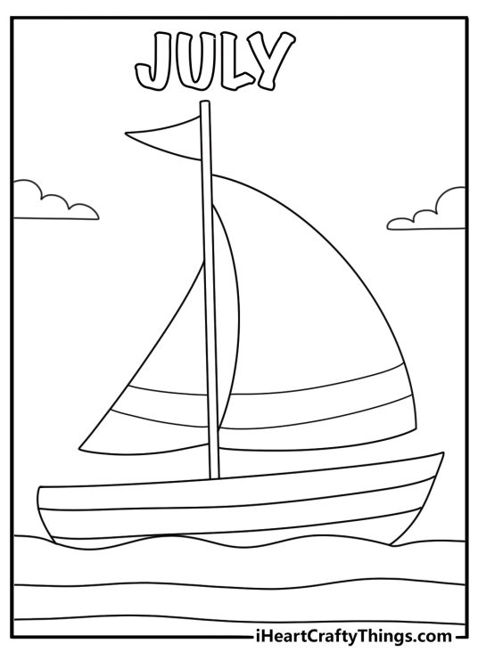 July coloring printable with a sailboat moving across calm water