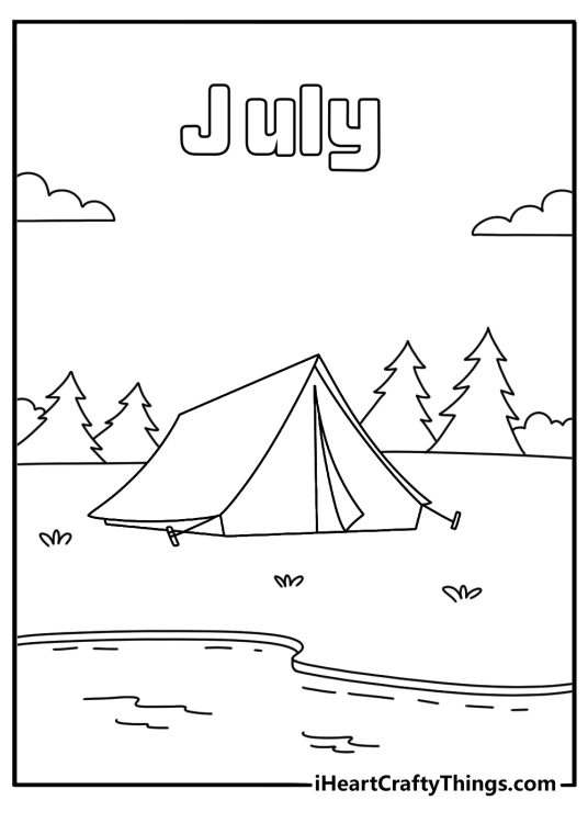 July coloring sheet with a summer camp tent near a lake