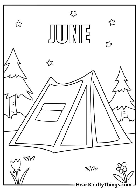 June camping trip printable coloring page