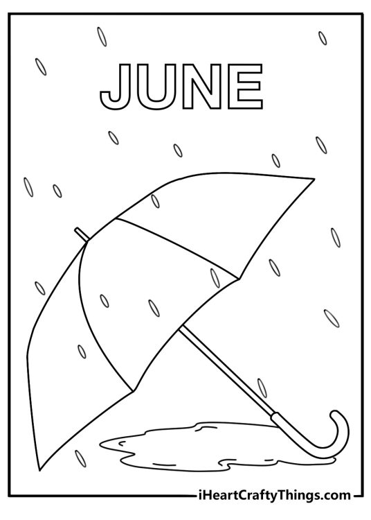 June rain shower coloring page with umbrella and puddles