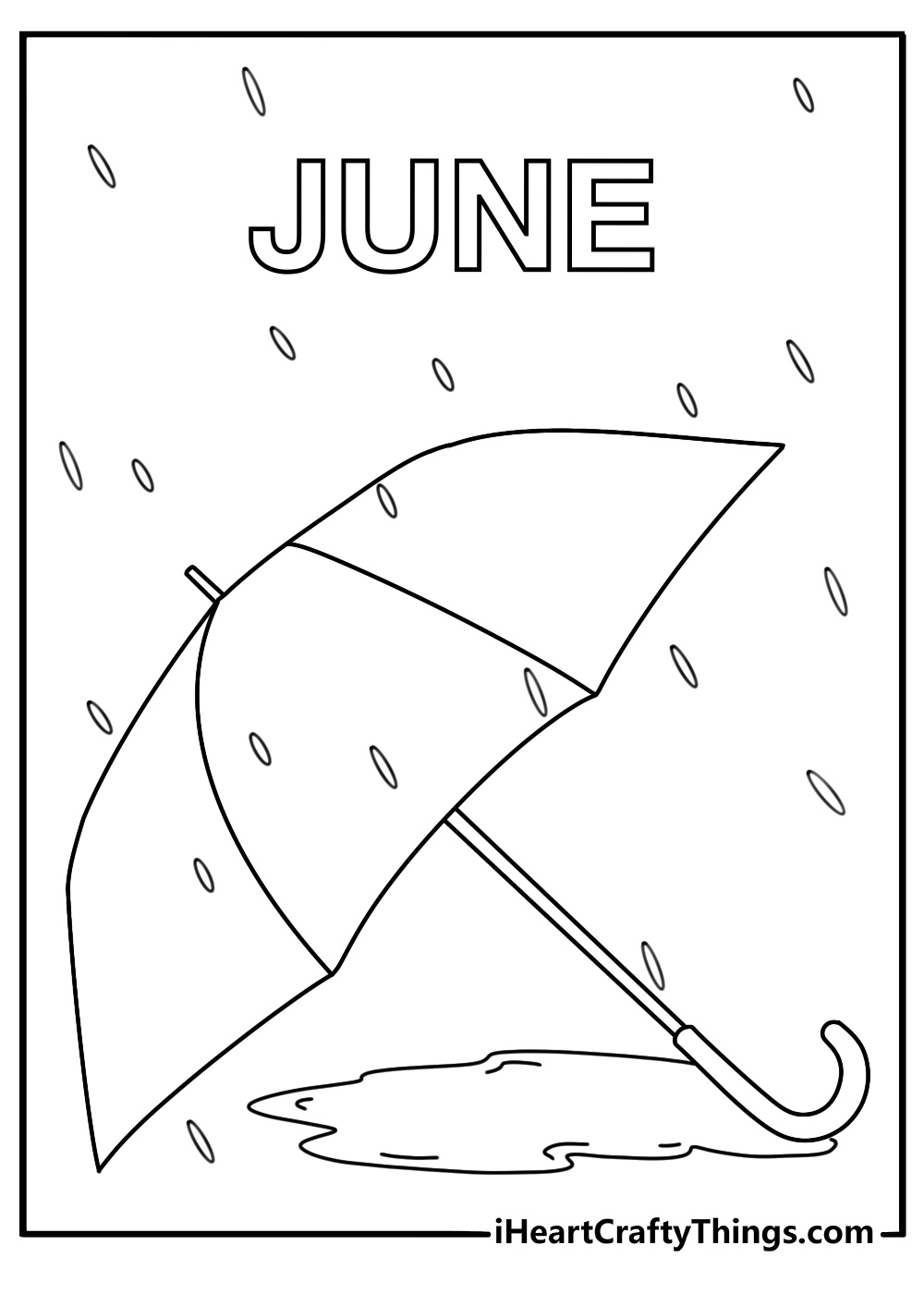 June rain shower coloring page with umbrella and puddles