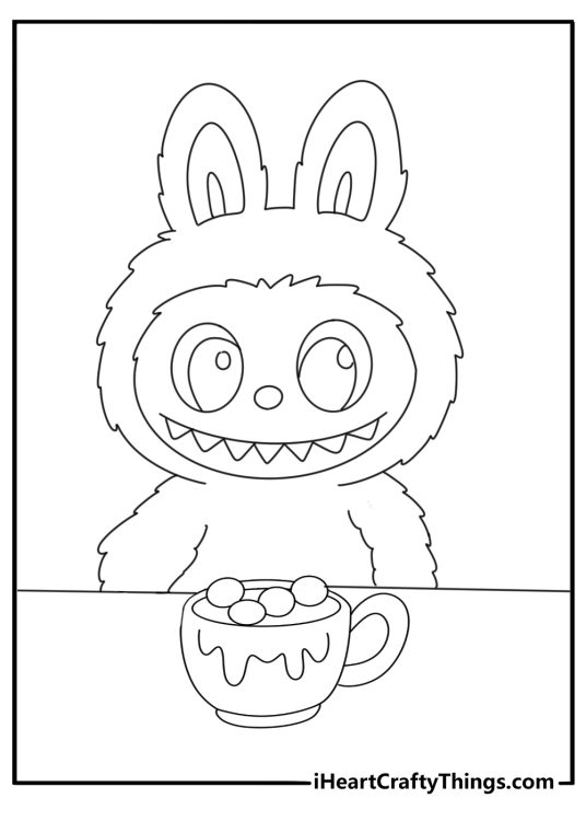 Kawaii Labubu drawing with a cup of tea at a small table simple printable