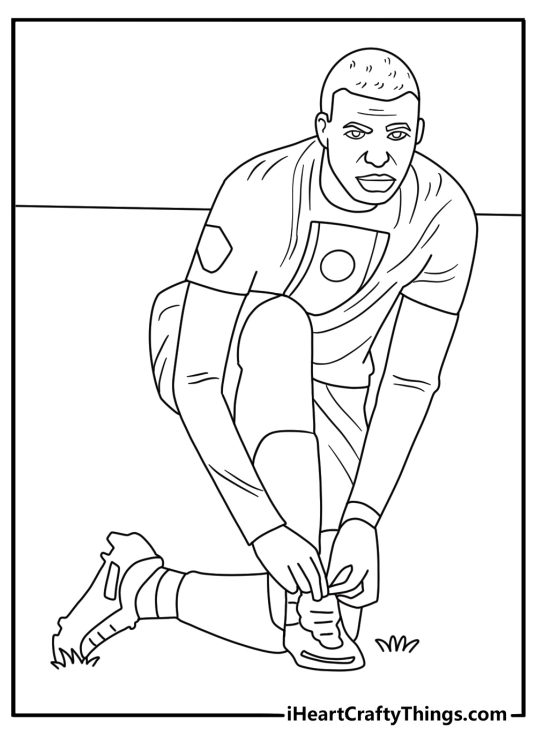 Kids can color Mbappe tying his cleats near the sideline