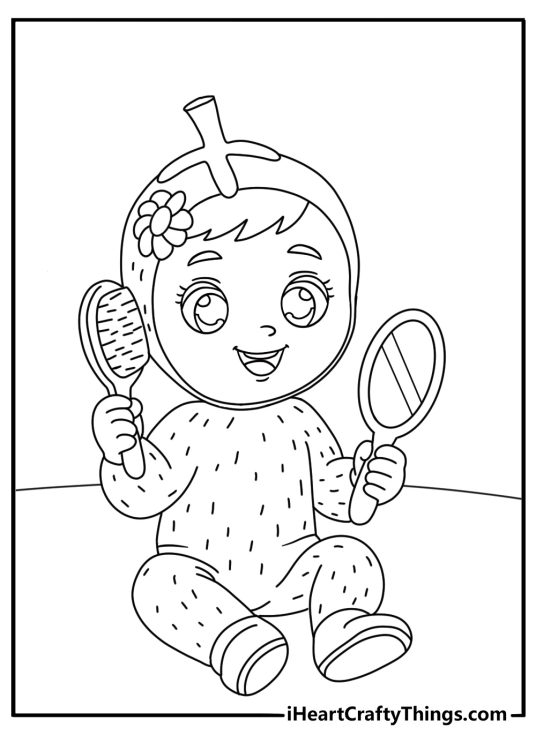 Kids can color a Cry Babies character brushing hair at a small mirror