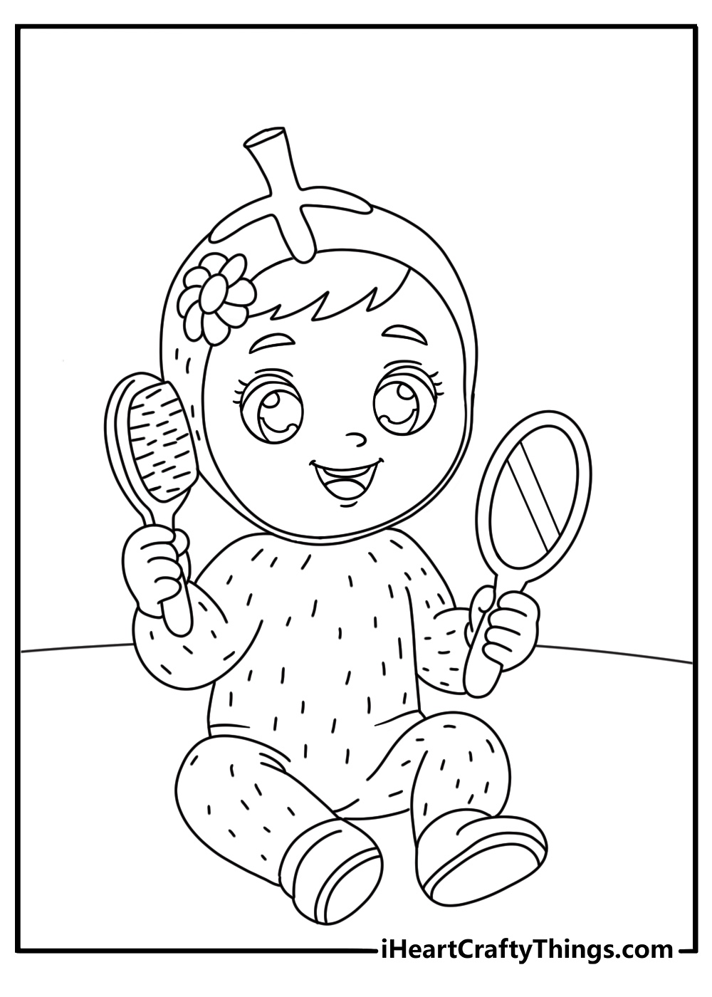 Kids can color a Cry Babies character brushing hair at a small mirror