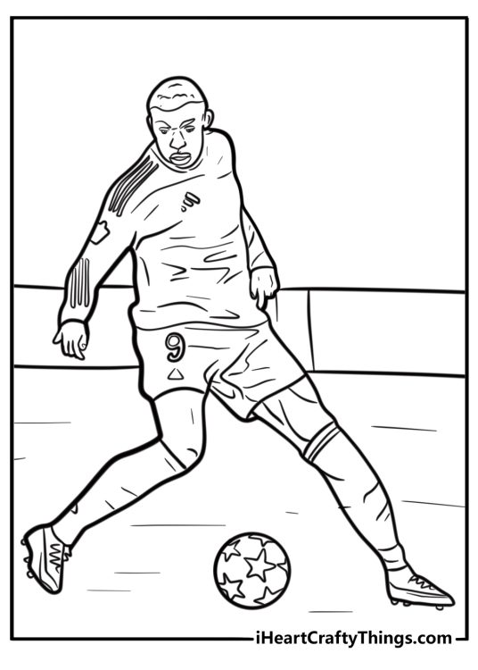 Kylian Mbappe dribbling a soccer ball coloring page