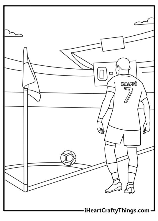 Kylian Mbappe coloring pages scene featuring a scoreboard and corner flag