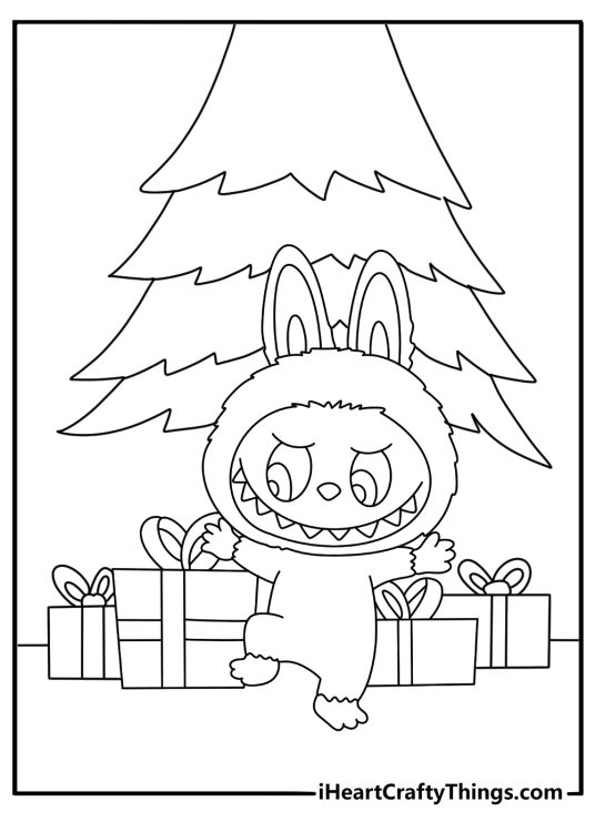 Labubu christmas coloring page with gift boxes under a tree