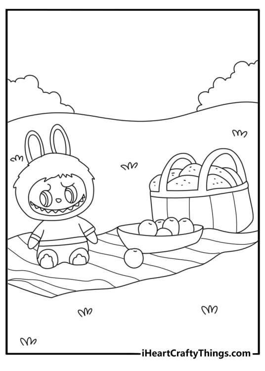 Labubu coloring page showing a picnic with fruit and blanket in a meadow