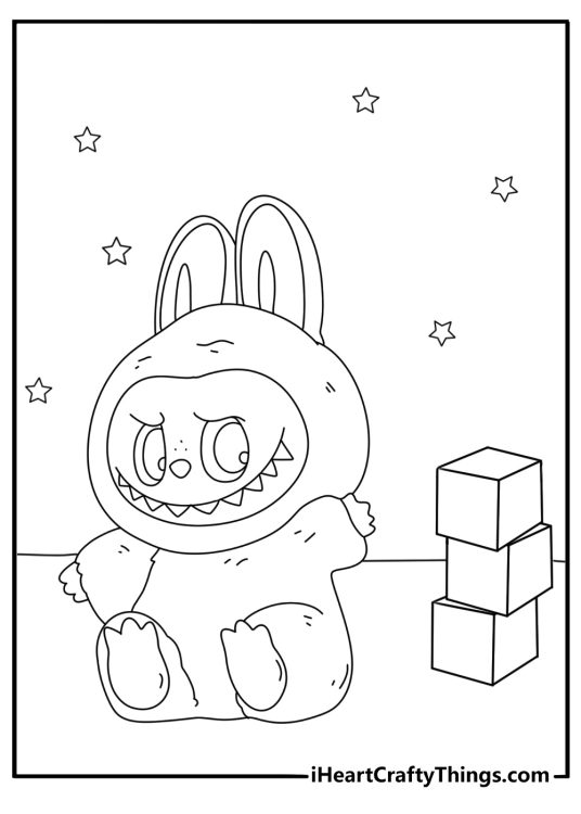 Labubu doll coloring sheet with toy blocks stacked nearby