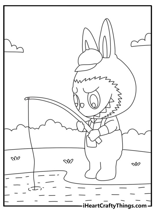 Labubu fishing by a quiet lake simple coloring sheet for kids