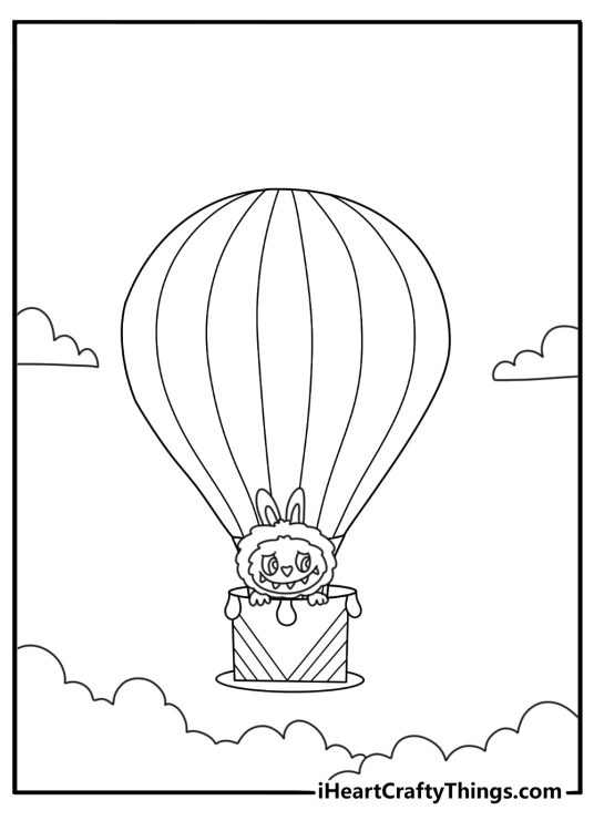 Labubu in a hot air balloon over hills printable coloring sheet pdf
