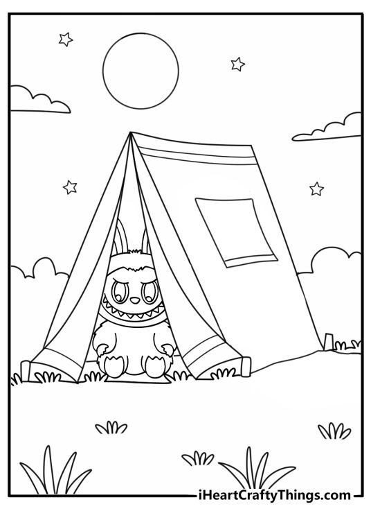 Labubu inside a tent camping scene under moon printable coloring page