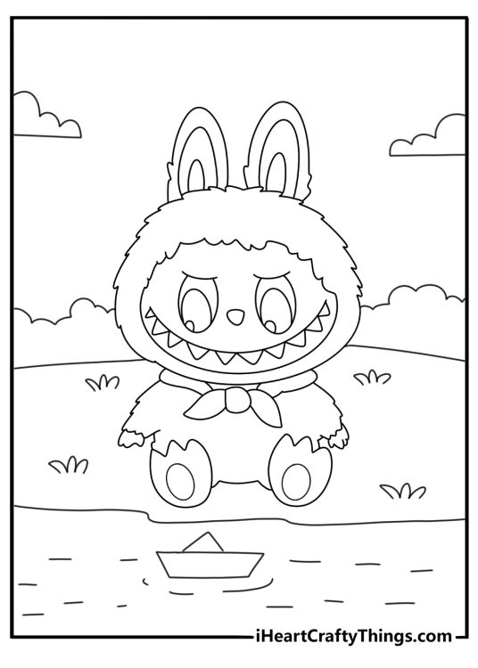 Labubu playing with paper boats in a puddle easy coloring page