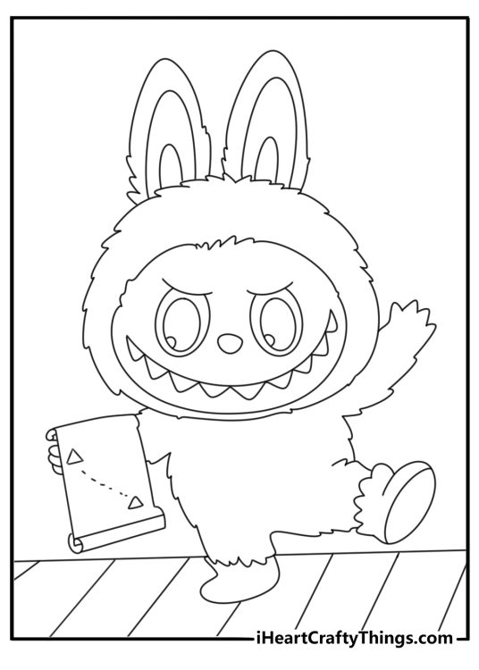 Labubu reading a map on a wooden bridge printable coloring page paf