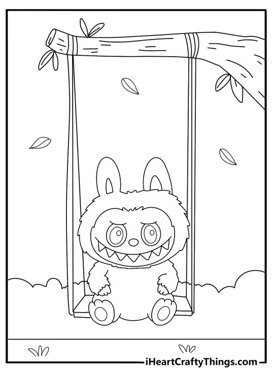 Labubu sitting on a swing tied to a tree branch easy coloring sheet