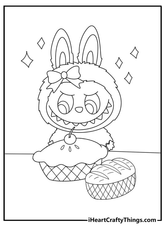 Labubu thanksgiving coloring page with pie on a wooden table