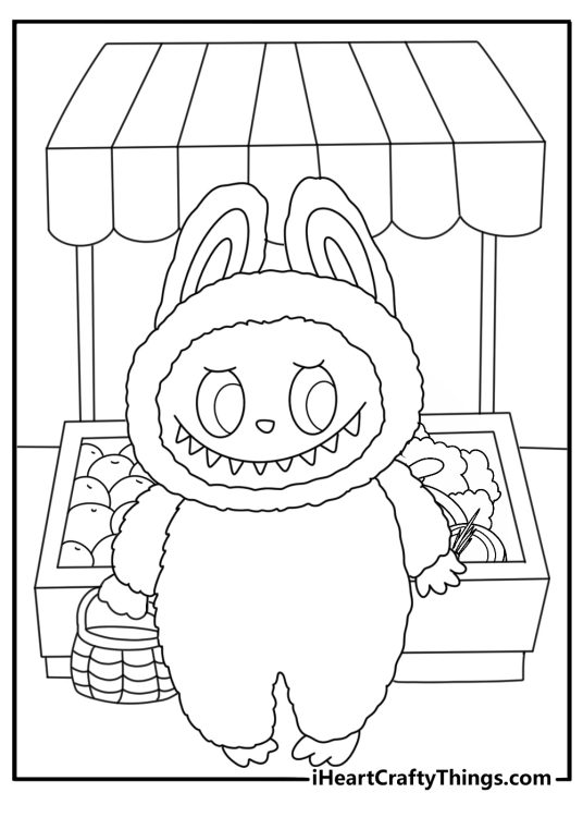 Labubu walking through a market with baskets simple coloring sheet