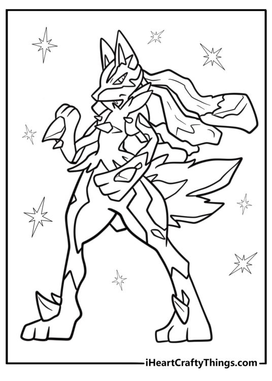 Lucario in Mega Evolution form detailed coloring sheet