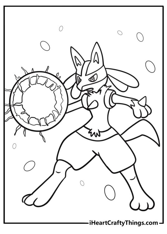 Lucario in a powerful fighting stance detailed coloring sheet