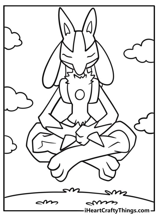 Lucario looking calm and focused in meditation printable coloring sheet