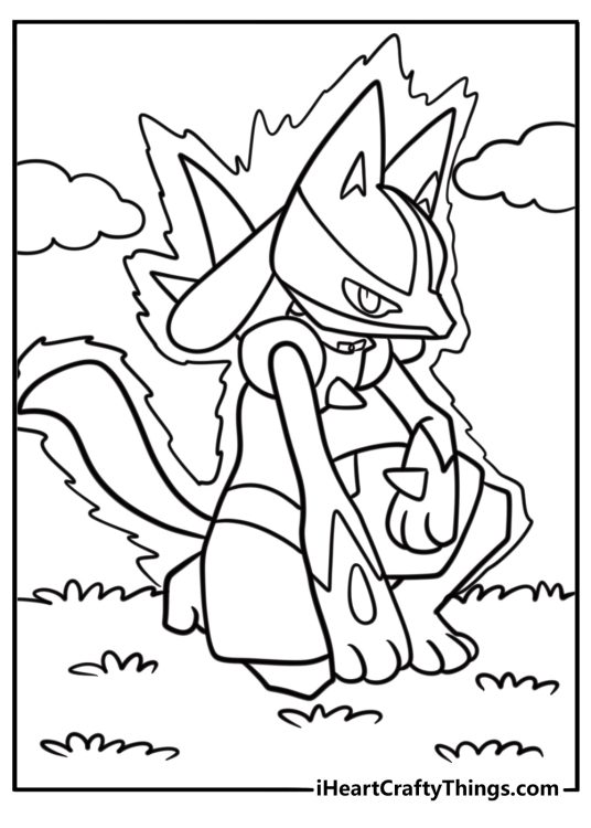 Lucario preparing to fight with a glowing aura free coloring page pdf