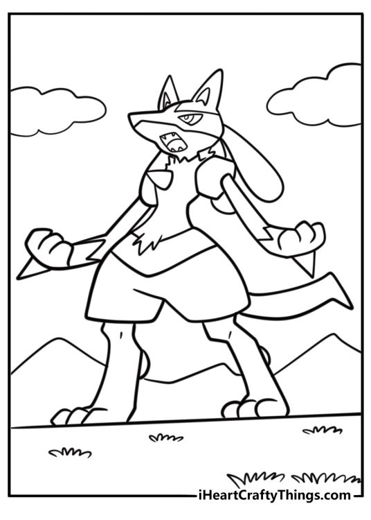Lucario roaring in excitement fun printable coloring sheet