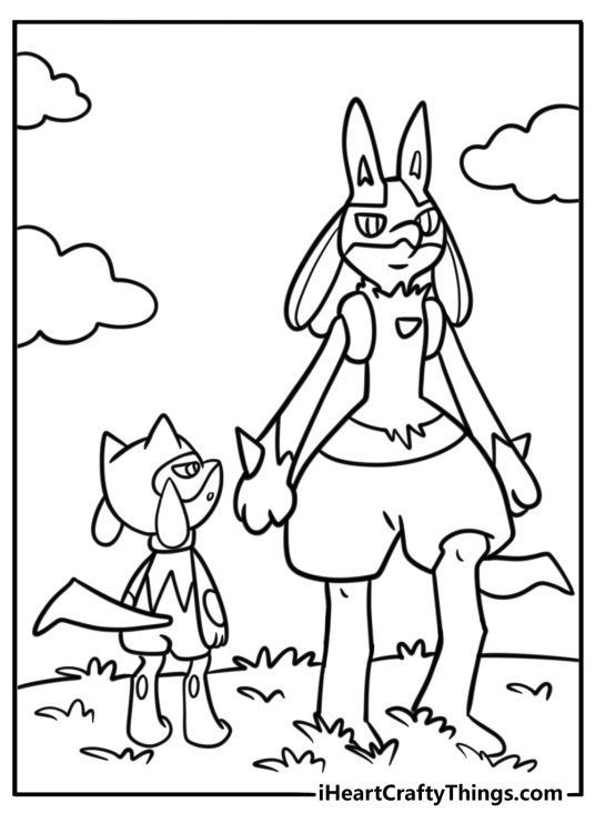 Lucario standing next to Riolu fun coloring sheet