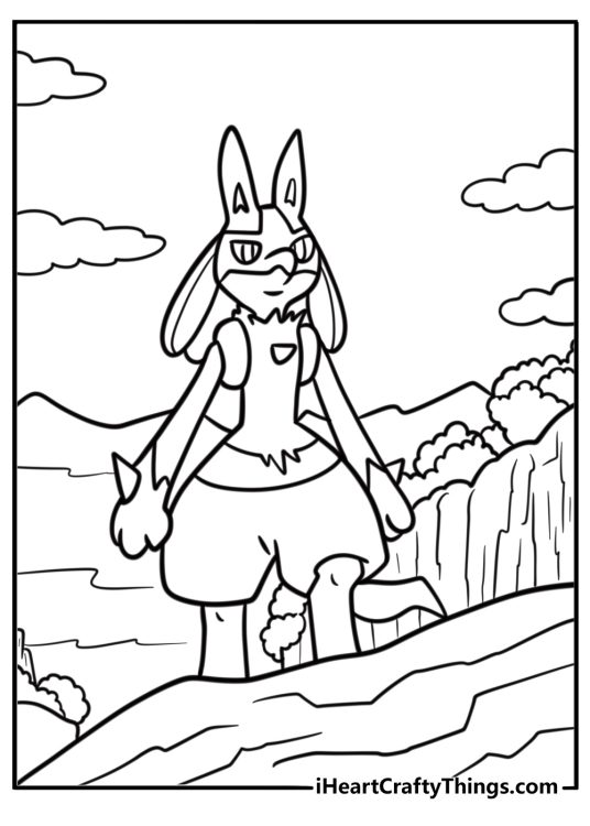 Lucario standing on a rock looking into the distance coloring page