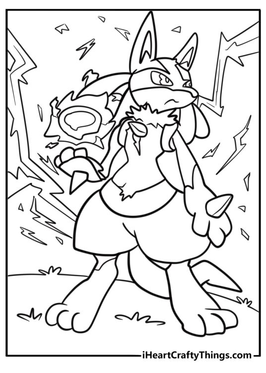 Lucario surrounded by sparks of energy detailed coloring sheet