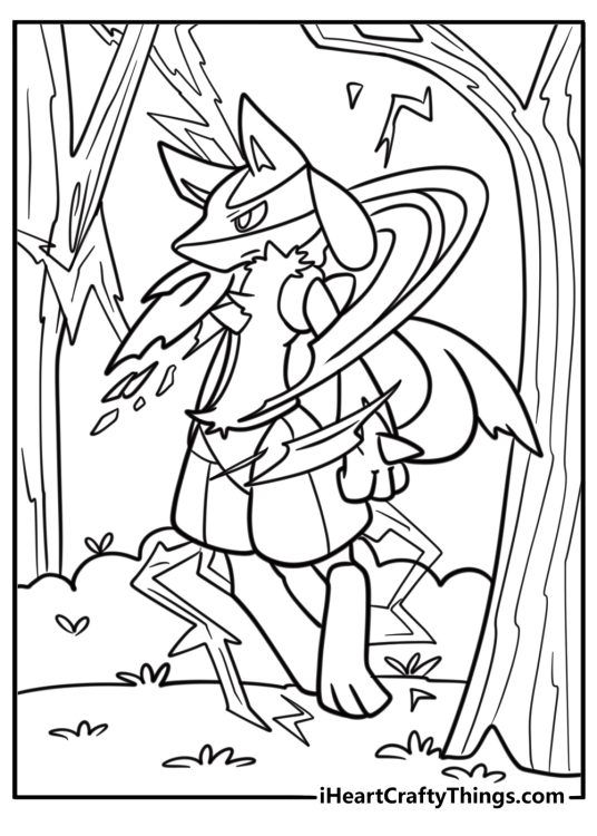 Lucario training in a forest surrounded by energy coloring page