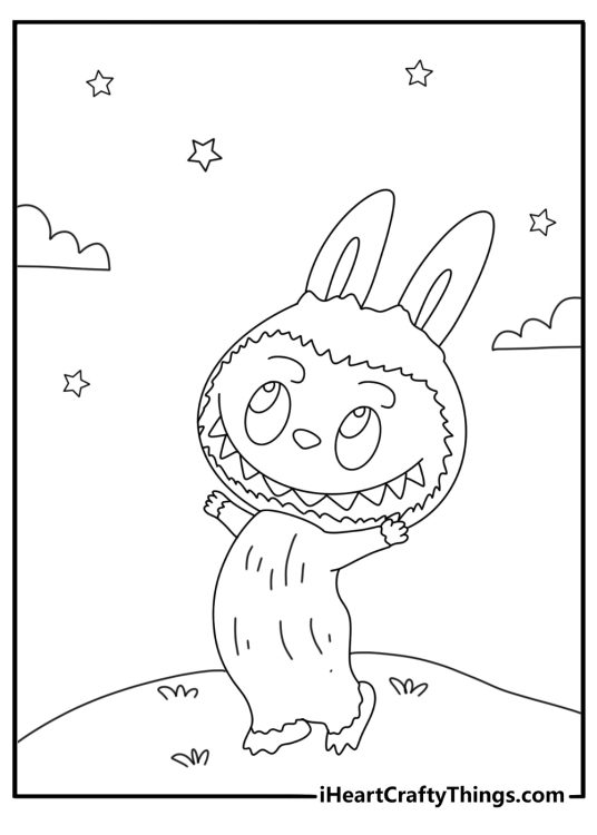 Night sky scene with Labubu watching stars from a hill detailed coloring sheet