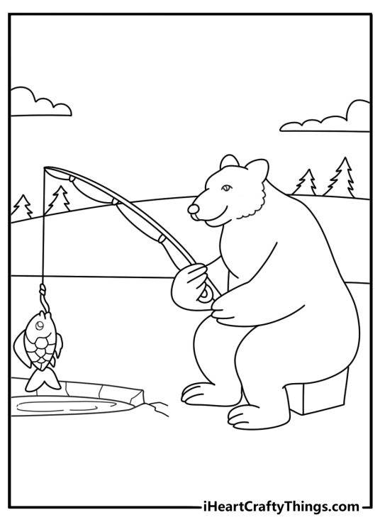 Polar bear fishing at ice hole simple arctic animals coloring page