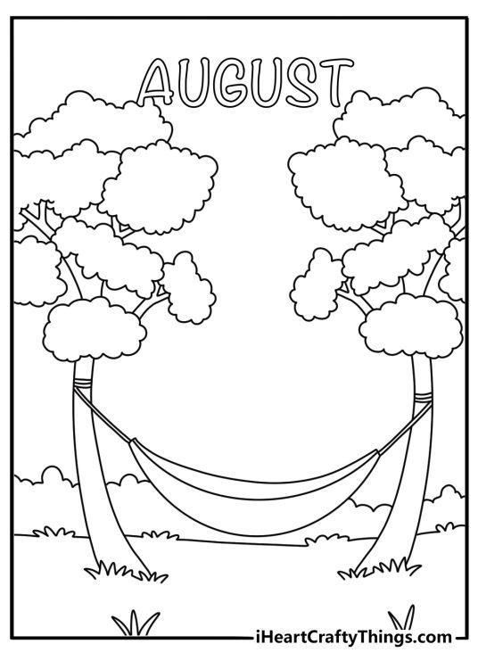 Printable August coloring page with a hammock tied between two trees
