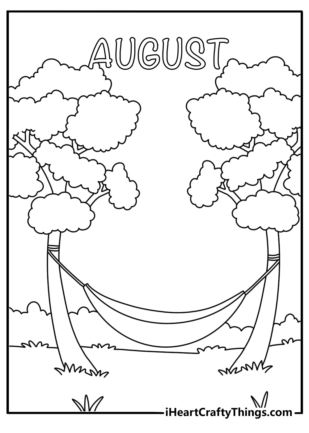 Printable August coloring page with a hammock tied between two trees