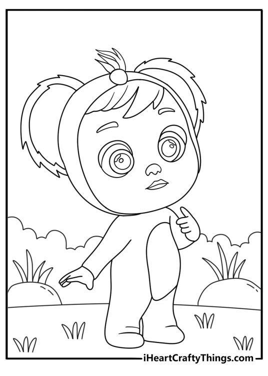 Printable Cry Babies page with a baby wearing a koala costume