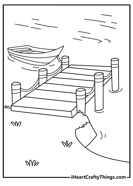 Printable July coloring page of a boat floating beside a dock