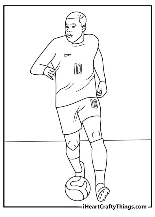 Printable Kylian Mbappe coloring page with a ball on the center spot